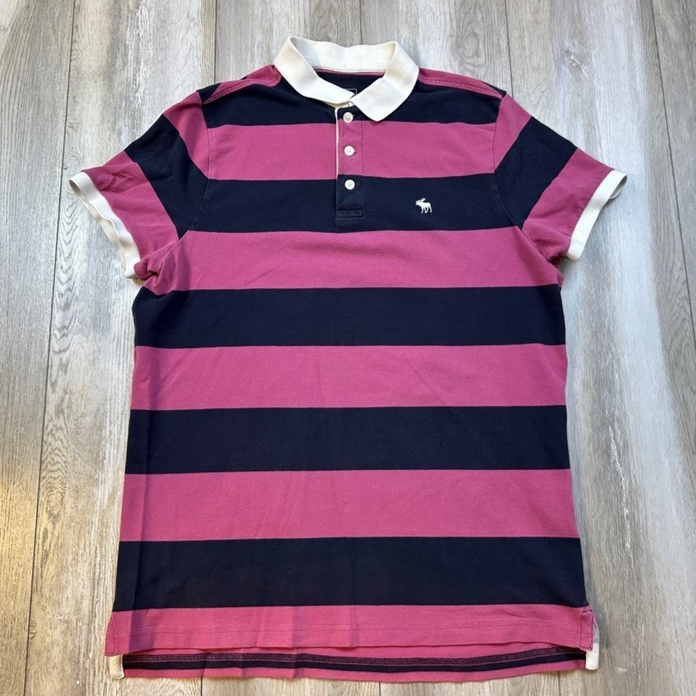 Vintage Abercrombie & Fitch Polo Shirt Mens XL Pink Blue Striped Slim Moose Logo